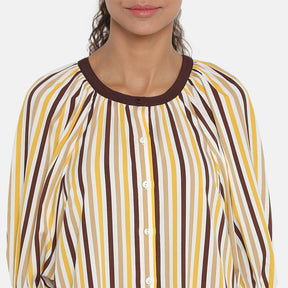 Yellow & brown stripe dress with puff sleeves