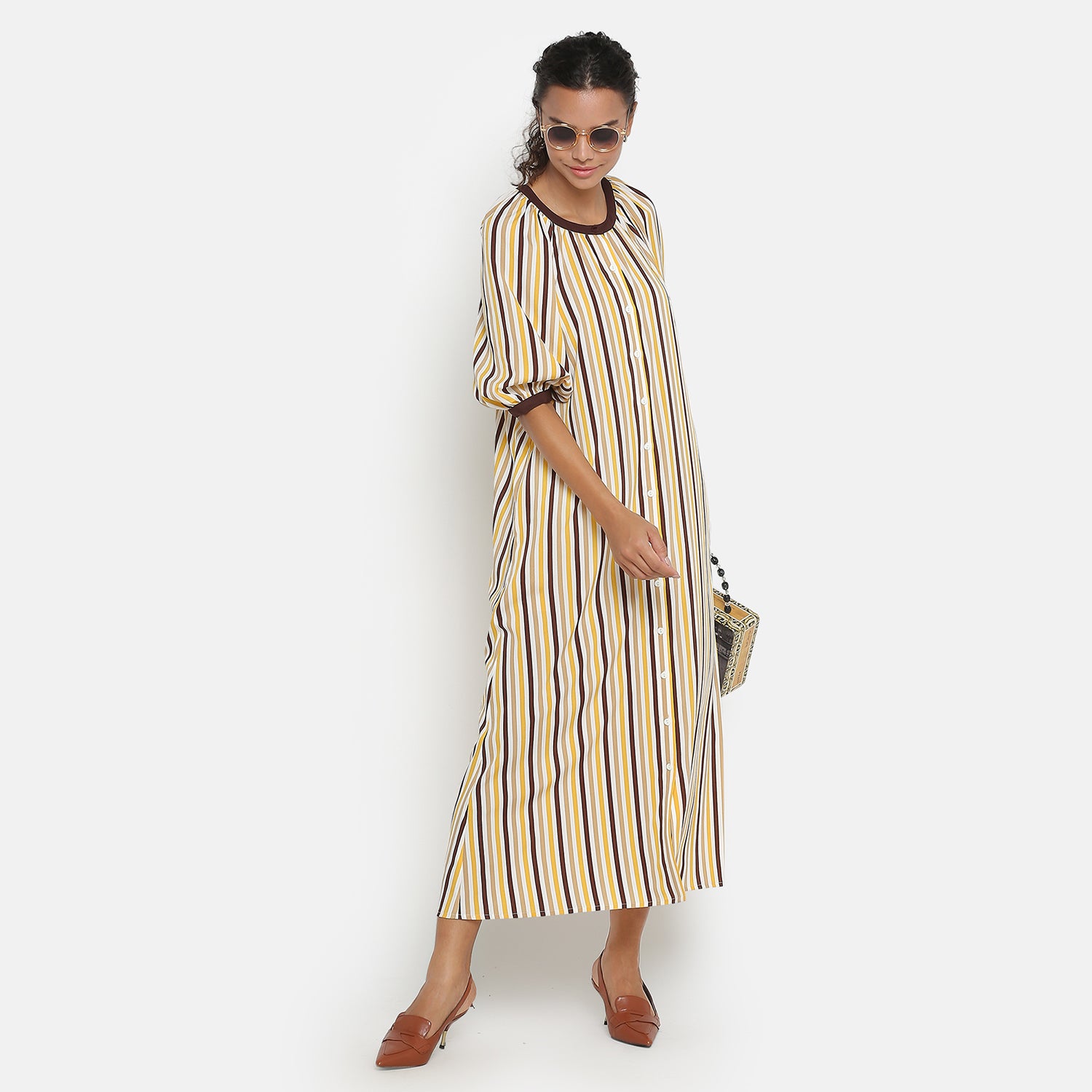 Yellow & Brown Stripe Dress With Puff Sleeves