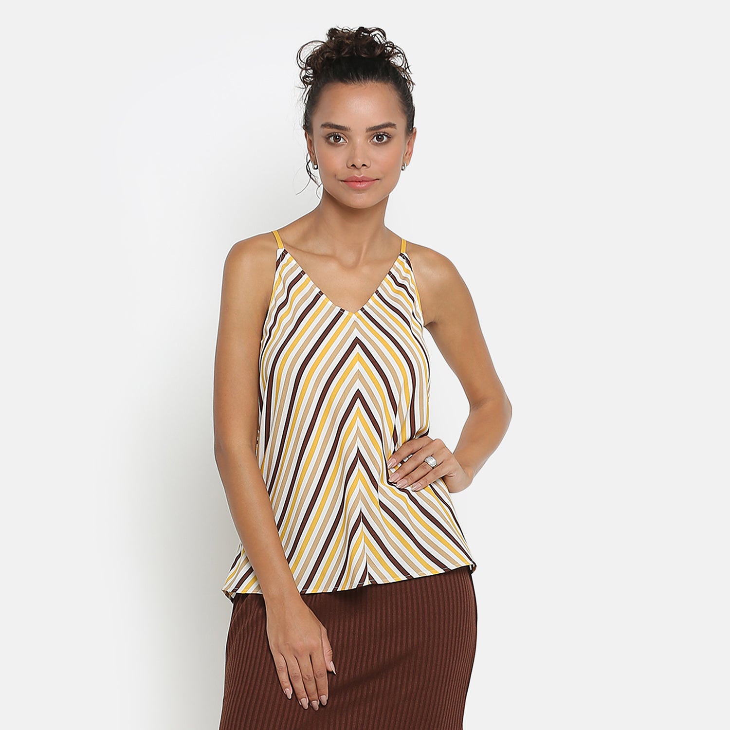 Yellow Brown Stripe Spaghetti Top S