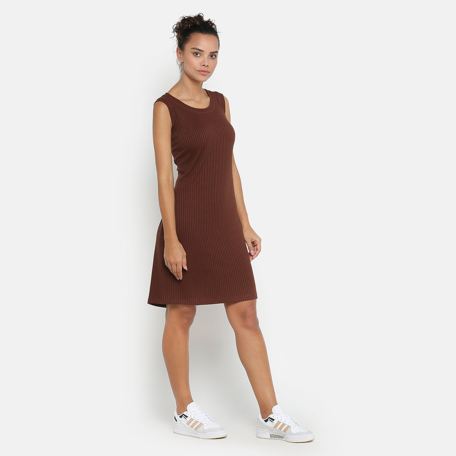 Without Sleeves Brown Ribbed Fitted Dress