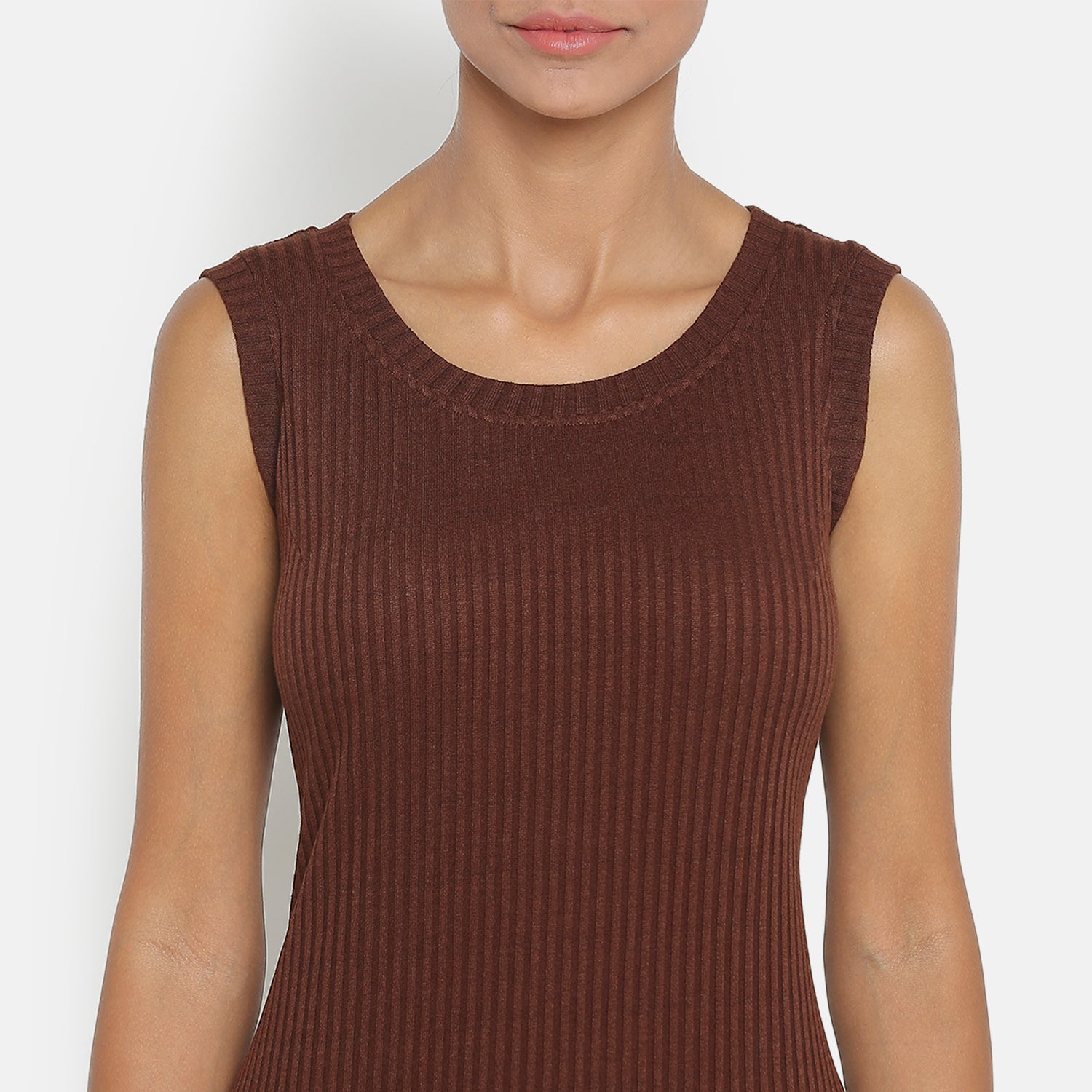 Without Sleeves Brown Ribbed Fitted Dress