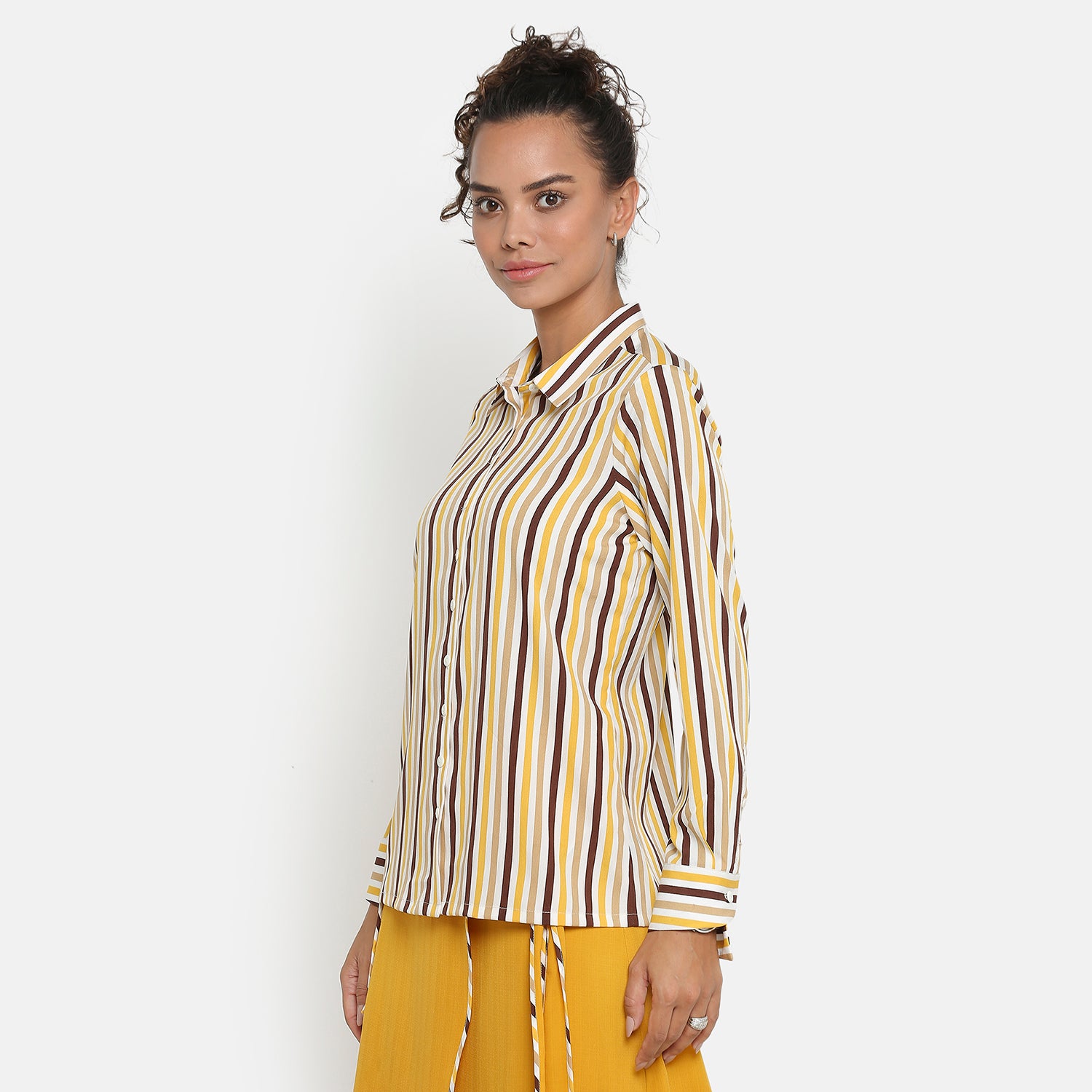 Yellow & Brown Stripe Shirt With Asymmetric Cuff