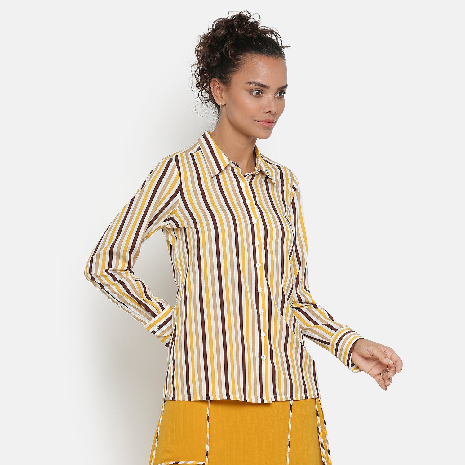 Yellow & Brown Stripe Shirt With Asymmetric Cuff