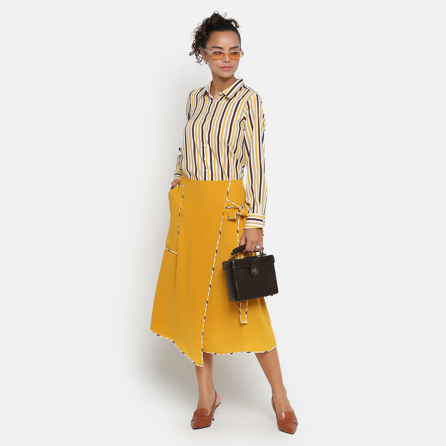 Yellow & Brown Stripe Shirt With Asymmetric Cuff