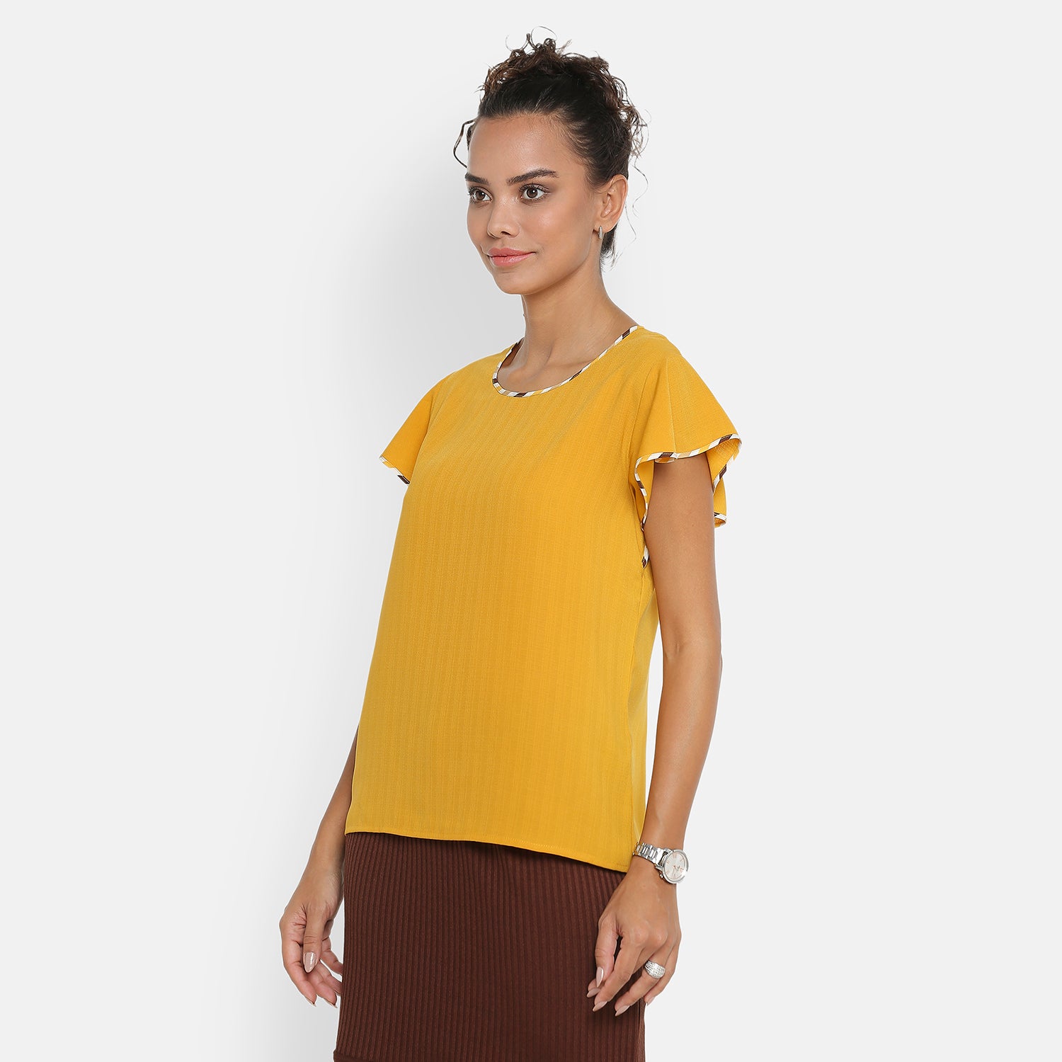 Yellow Top With Frill on Side Seam With Contrast Pining