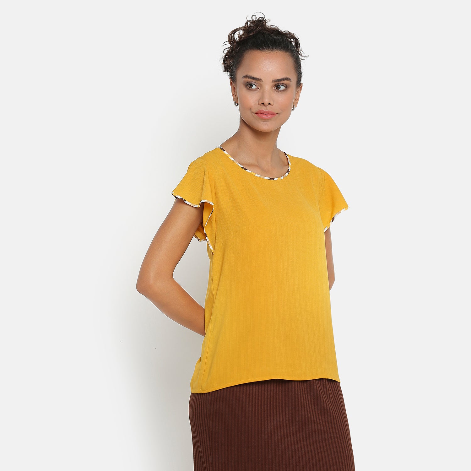 Yellow Top With Frill on Side Seam With Contrast Pining