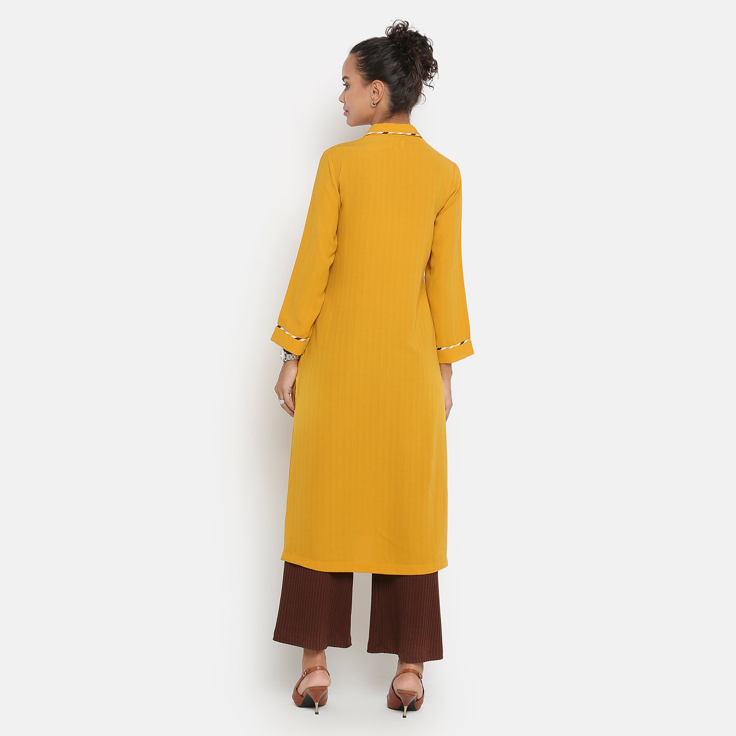 Yellow shirt collar kurta with embroidered slit