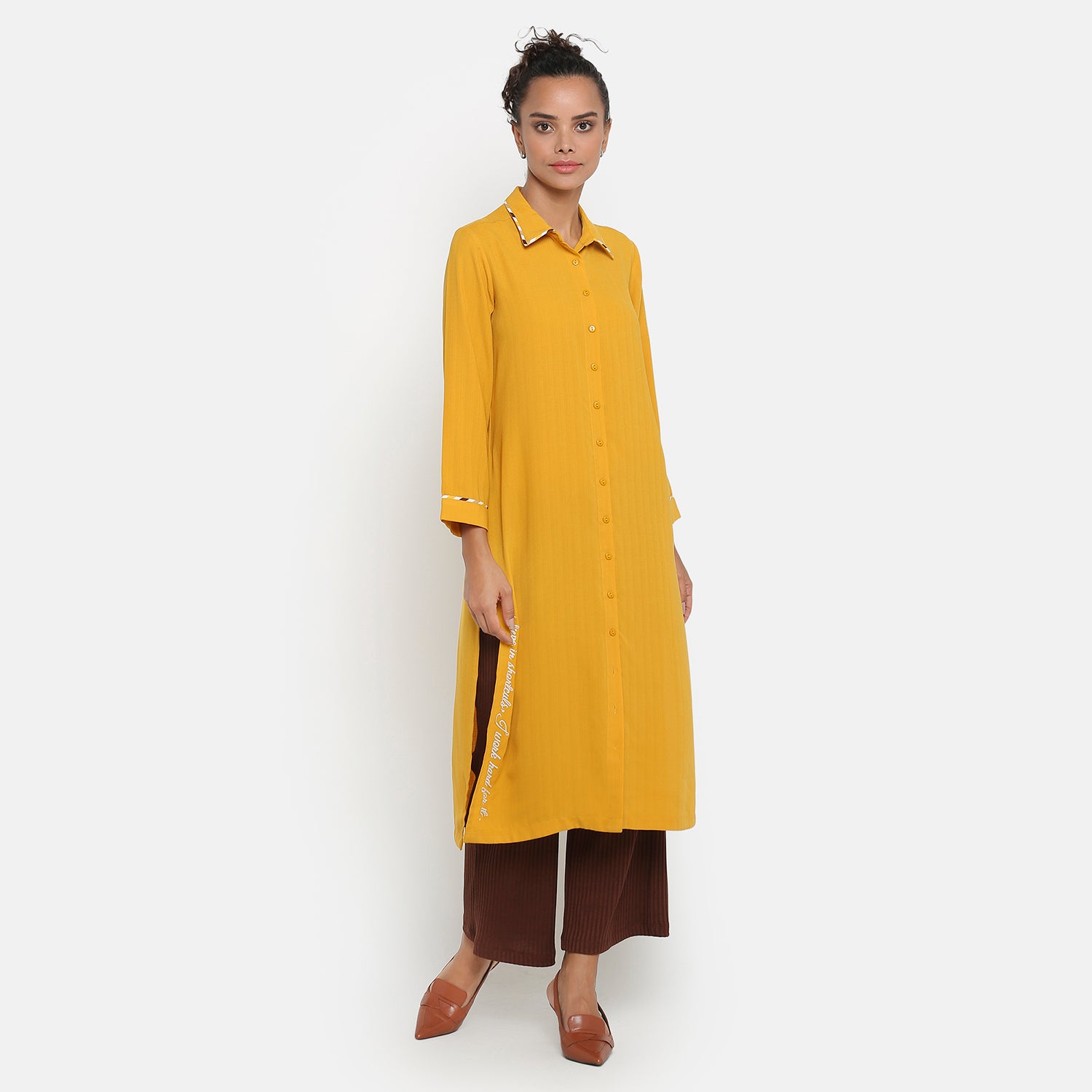 Yellow shirt collar kurta with embroidered slit