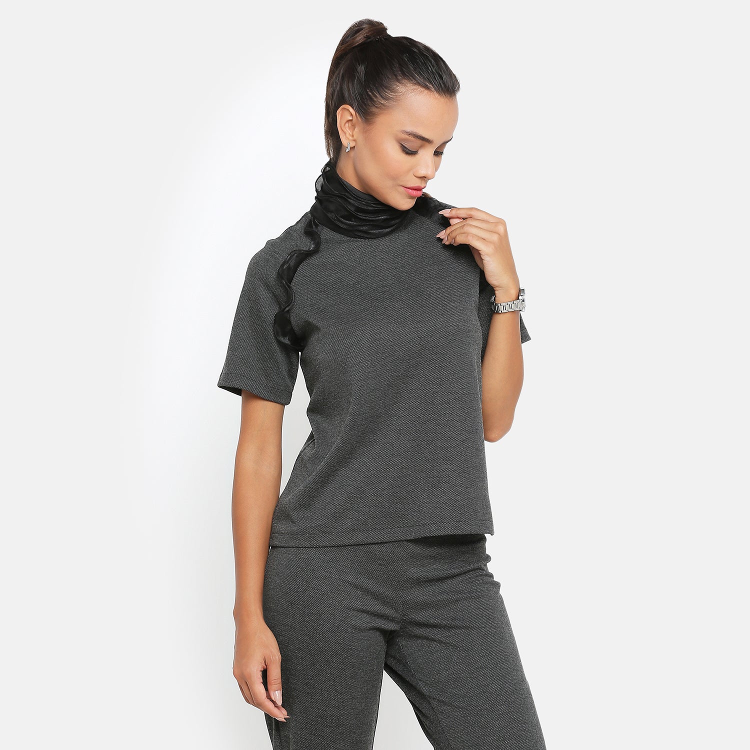 Dark Grey Cowl Top With Organza Frill