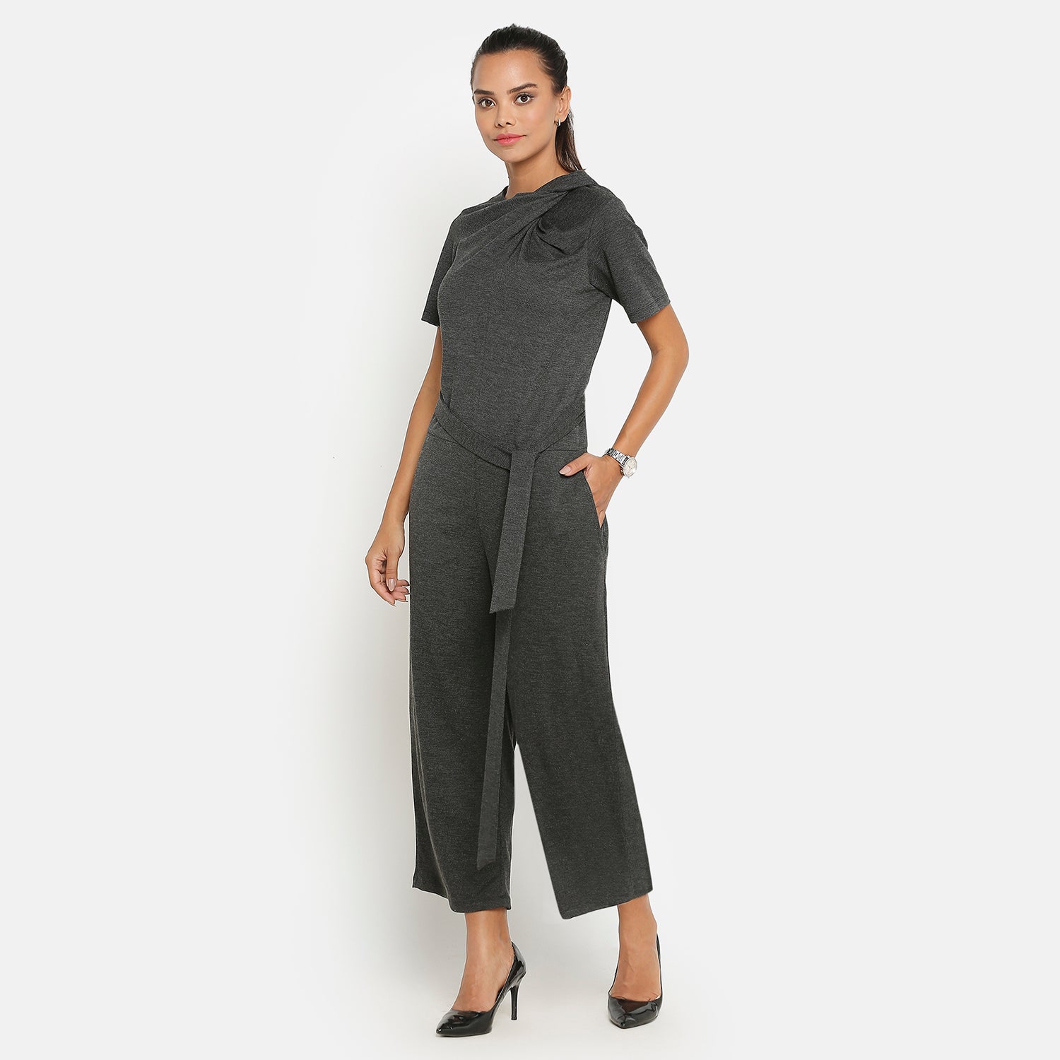 Dark Grey Drape Jumpsuit With Knit