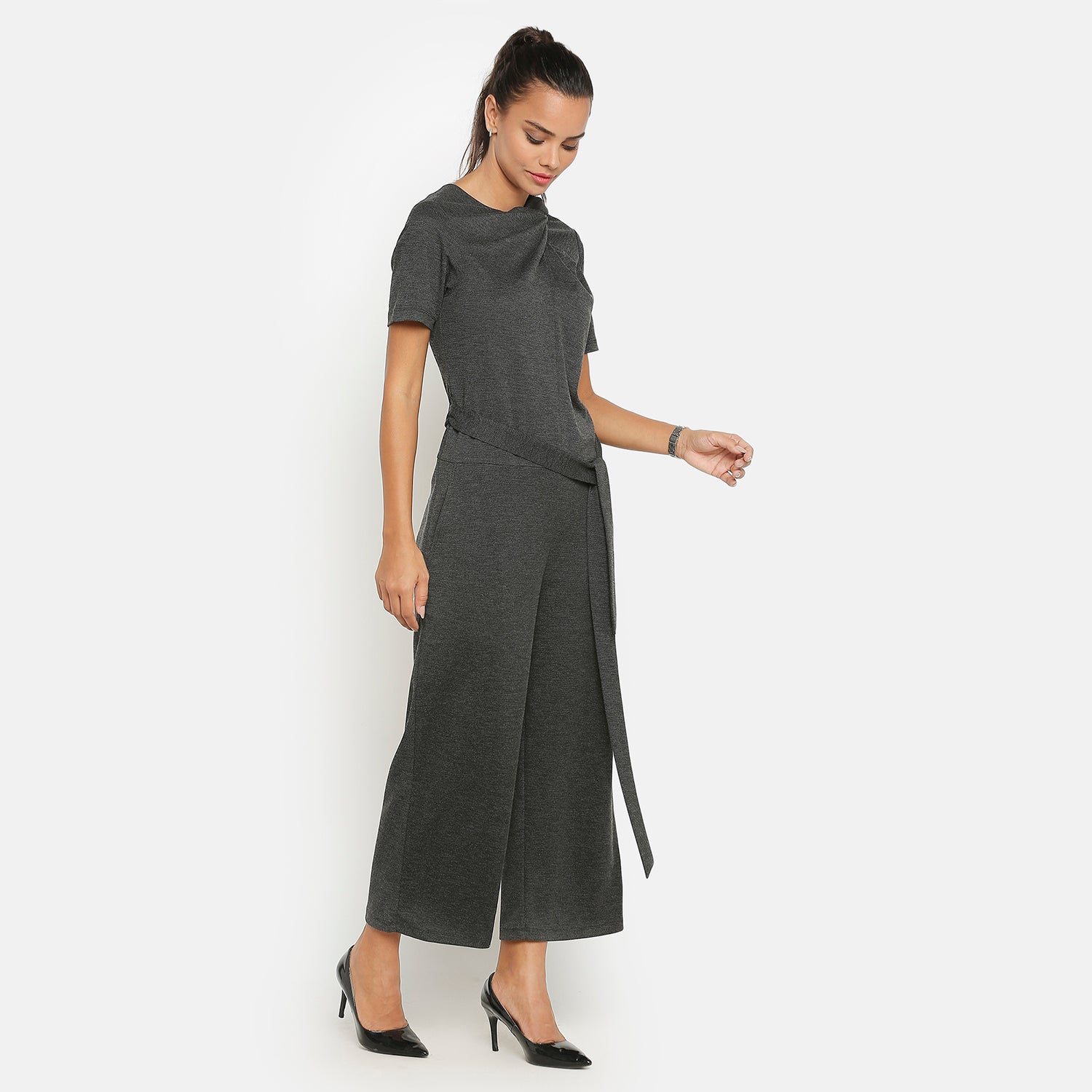 Dark Grey Drape Jumpsuit With Knit