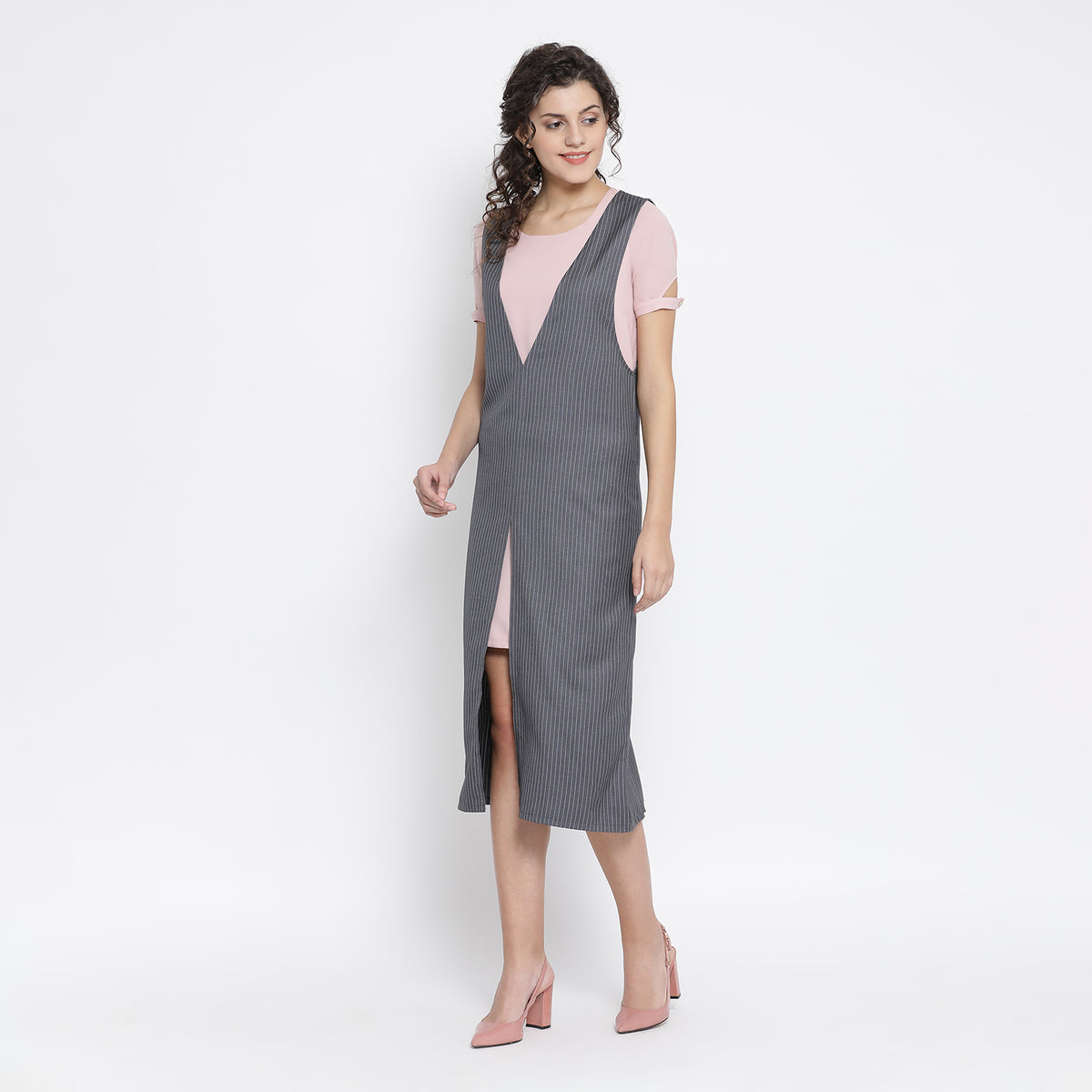 Grey Stripe Dress With Pink Georgette Tunic