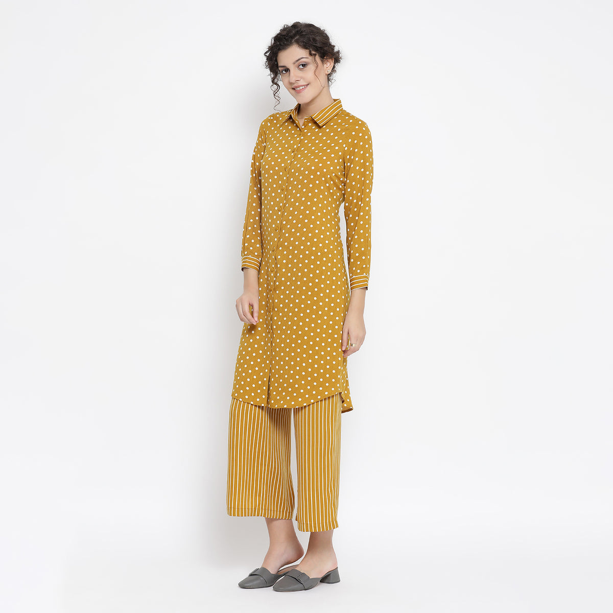 Yellow And White Polka Tunic With Stripe Cuff