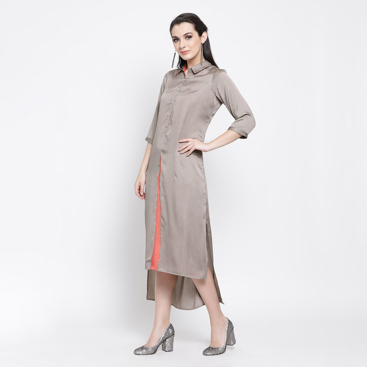 Grey & Peach Chiffon Double Layer Asymmetrical Long Dress With Slit