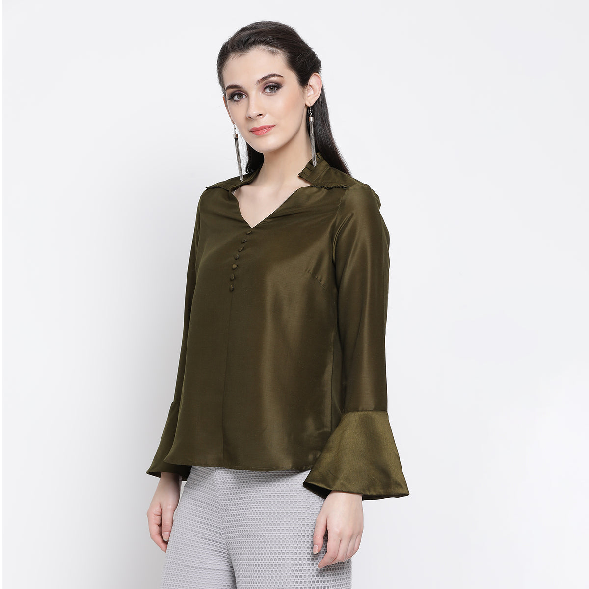Dark Olive Top With Frill Collar And Buttons
