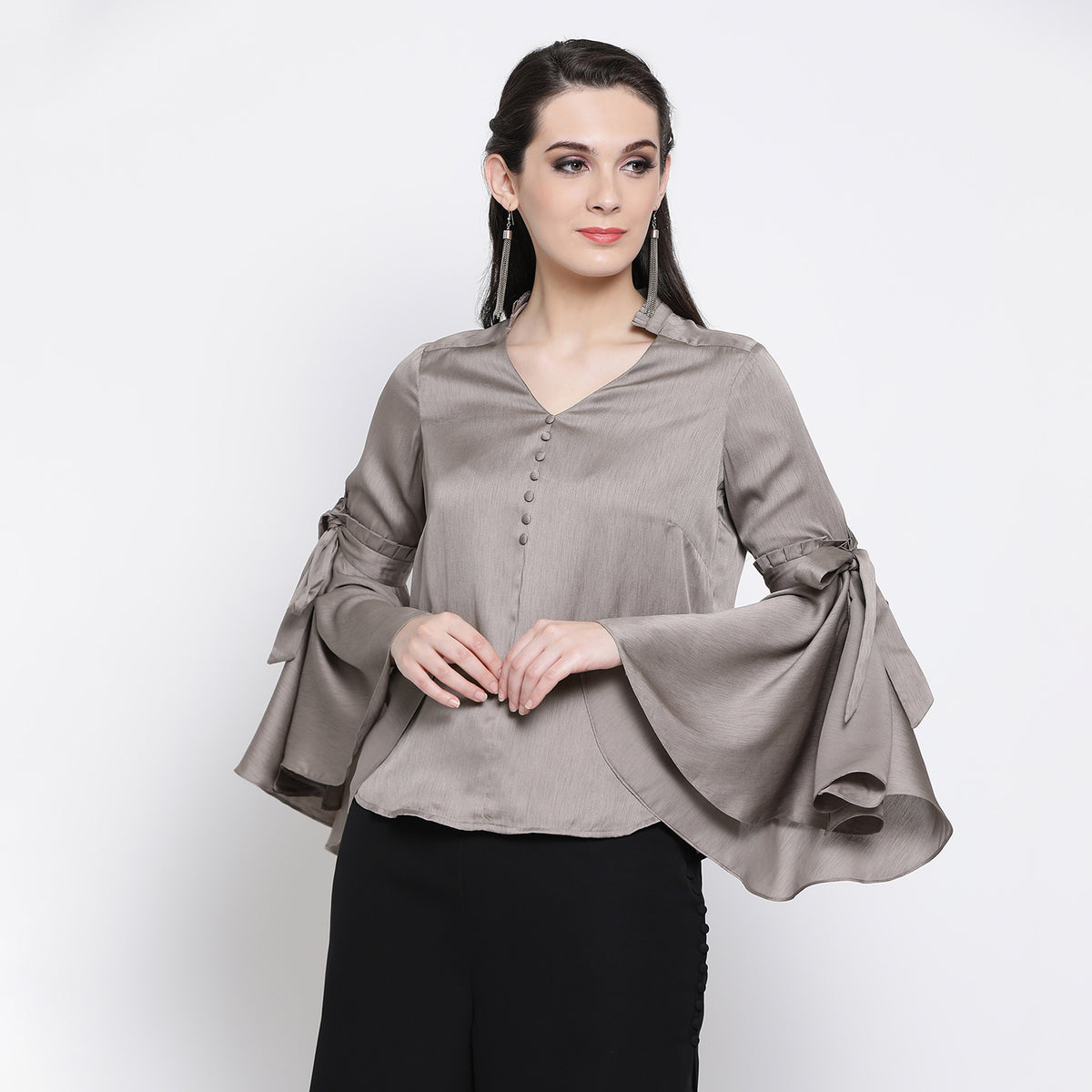 Grey Top With Bell Sleeve