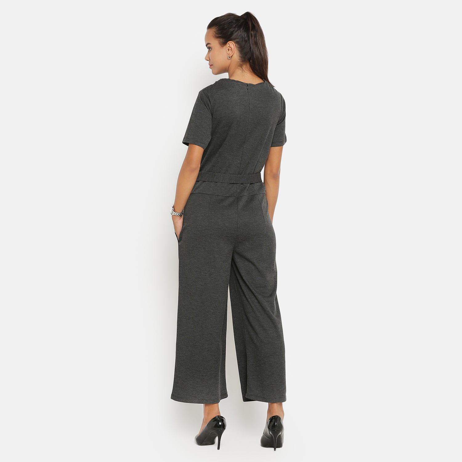 Dark Grey Drape Jumpsuit With Knit