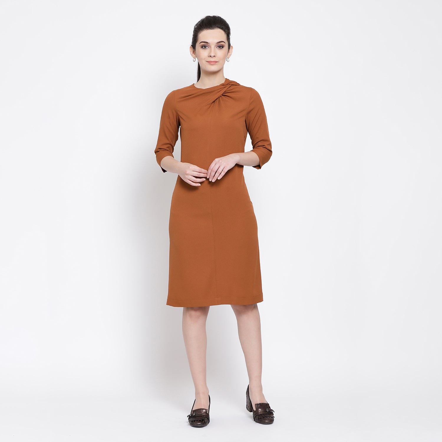 Rust Long Dress With Drape At Neck