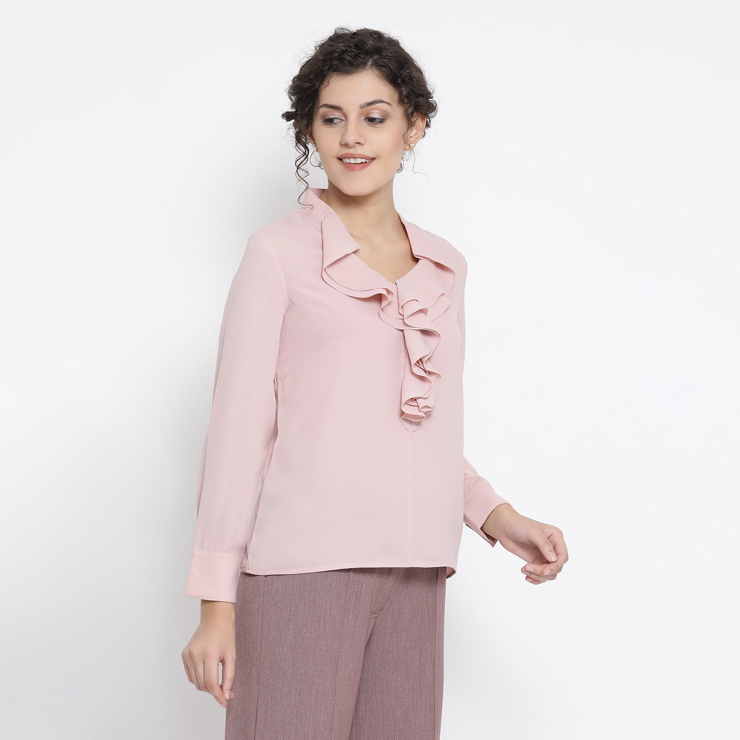 Pink Georgette Top With Drape Collar