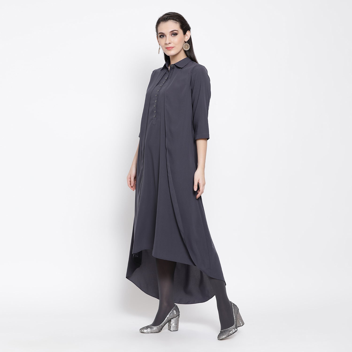 Slate Blue Double Layer Asymmetrical Long Dress