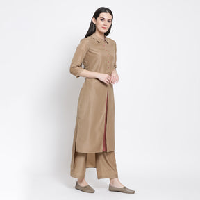 Beige & Peach Double Layer Asymmetrical Long Dress With Slit