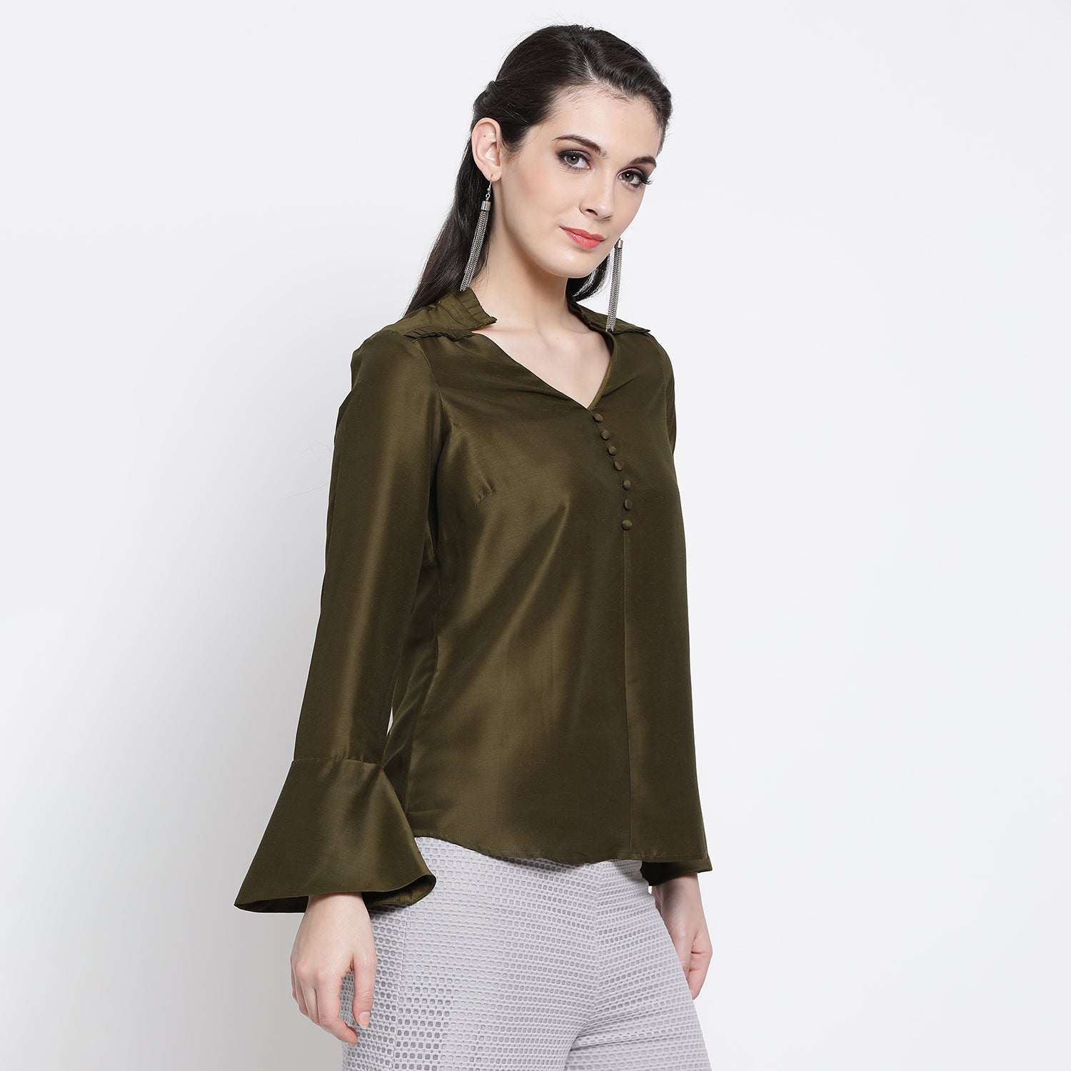 Dark Olive Top With Frill Collar And Buttons