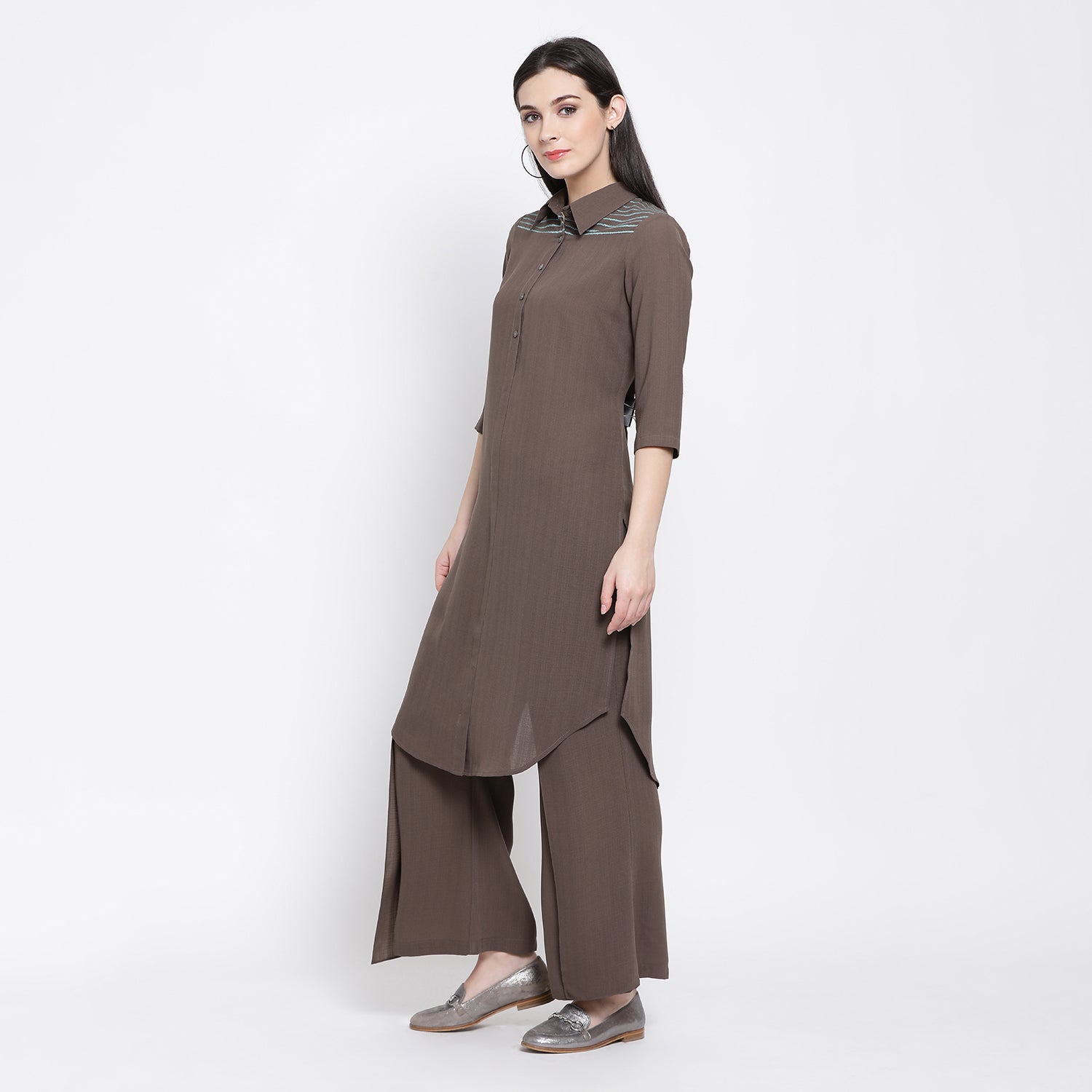 Earth Brown Long Tunic With Teal Blue Emb.