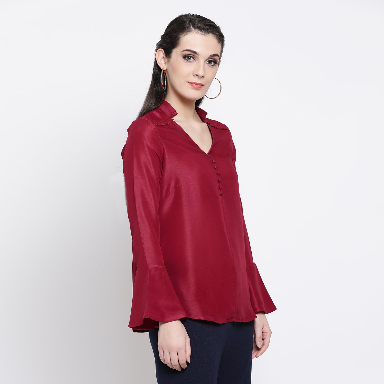 Maroon Top With Frill Collar And Button
