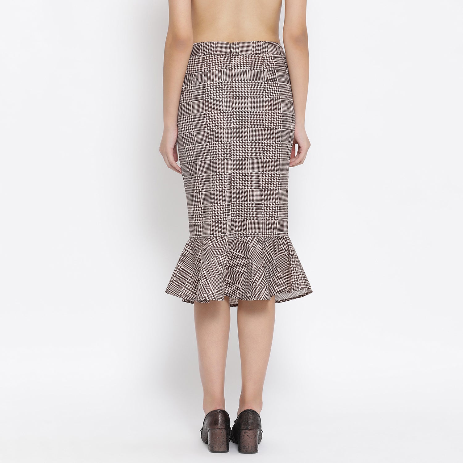 Brown Check Lycra Fish Cut Skirt