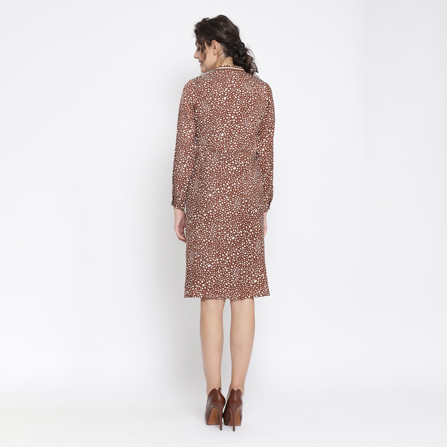 Brown Animal Print Bias Dress With French Lace And Ribbon Tie Up