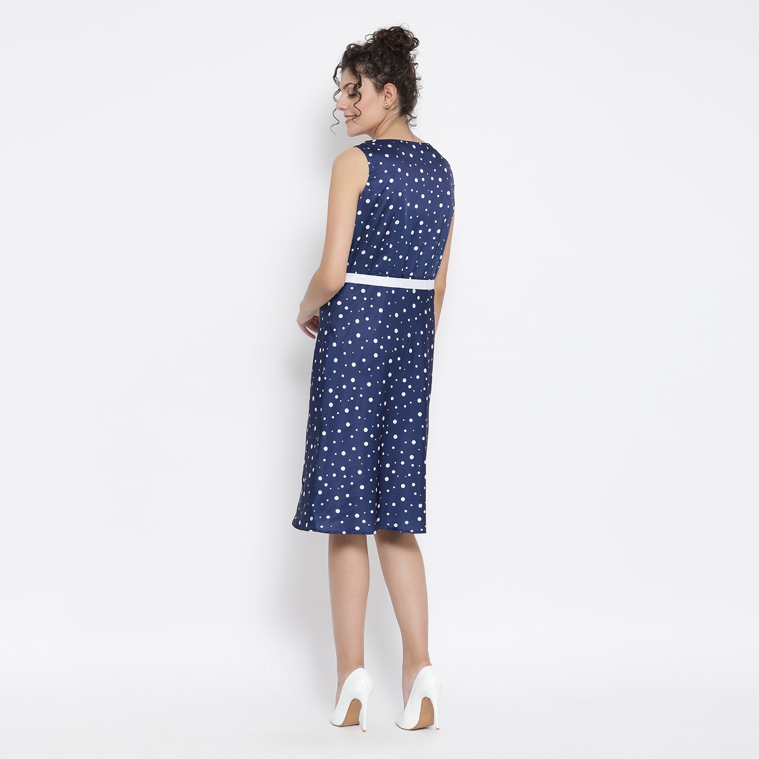 Blue White Silk Polka Sleeveless Dress With Tie Knot Belt