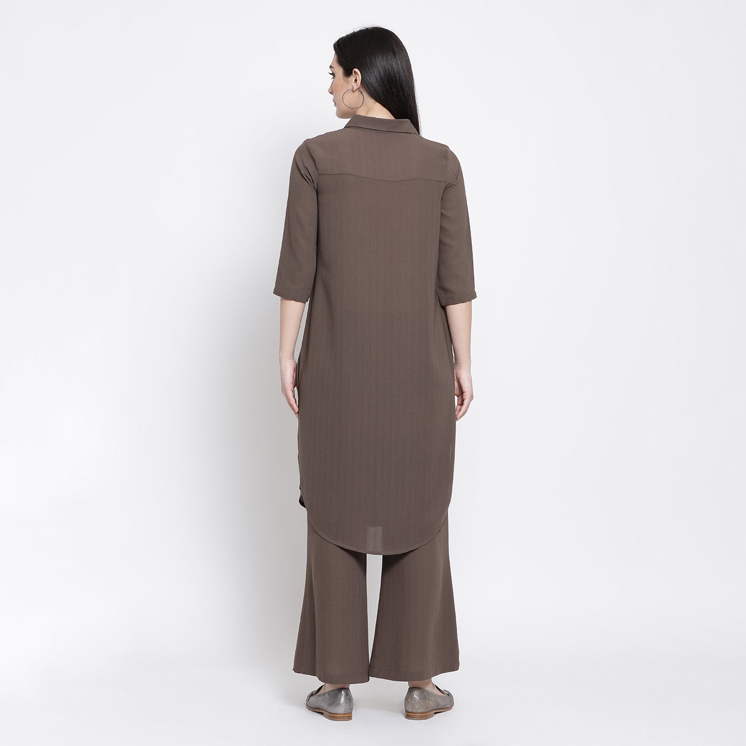 Earth Brown Long Tunic With Teal Blue Emb.