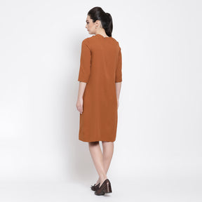 Rust Long Dress With Drape At Neck