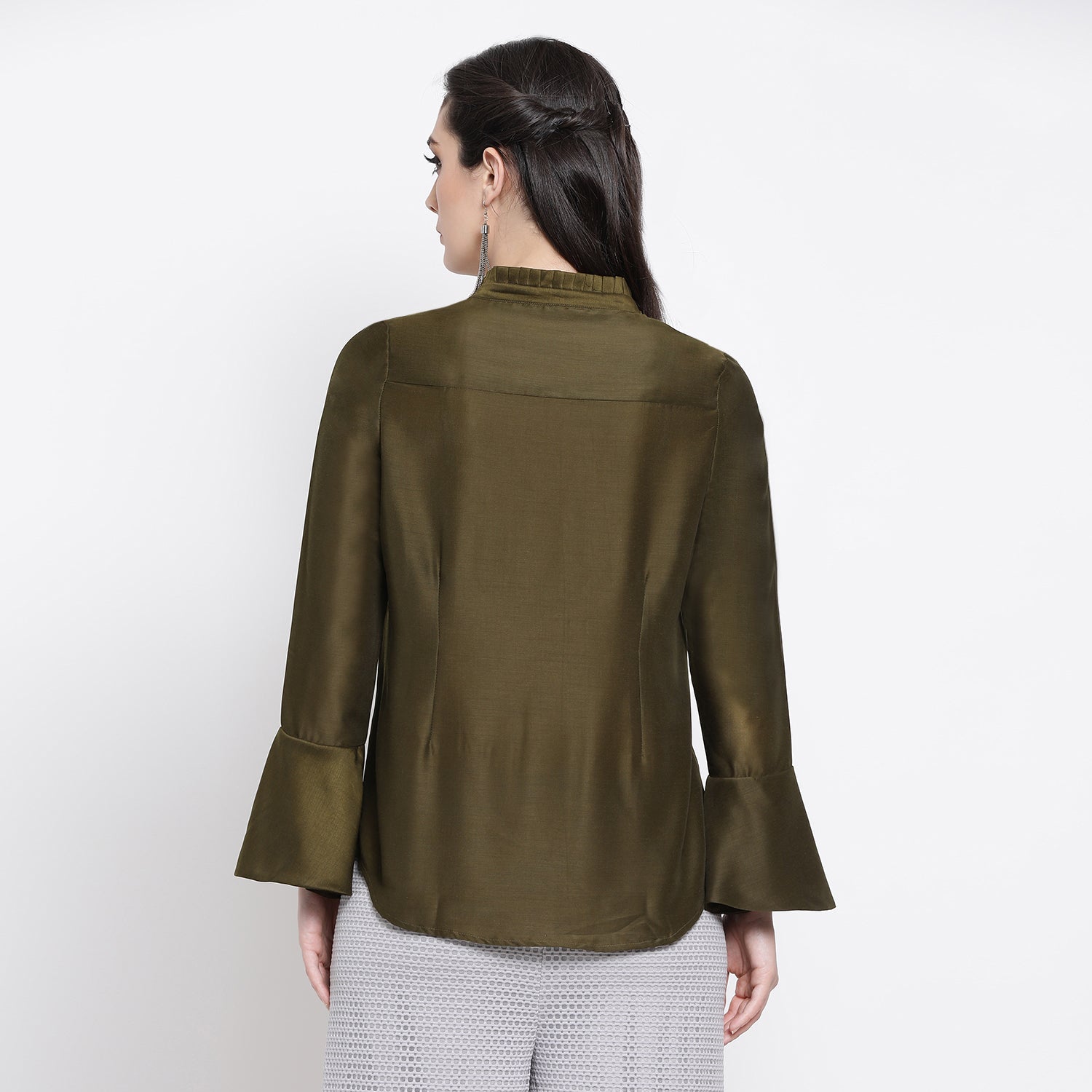 Dark Olive Top With Frill Collar And Buttons