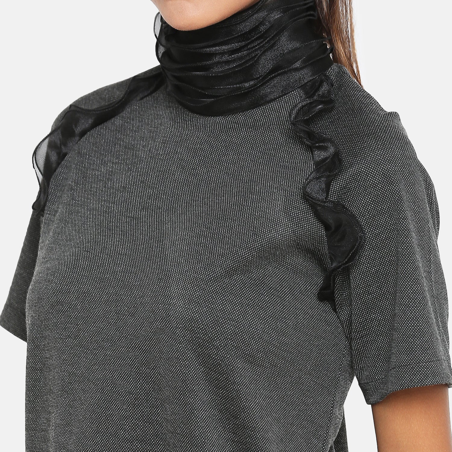 Dark Grey Cowl Top With Organza Frill