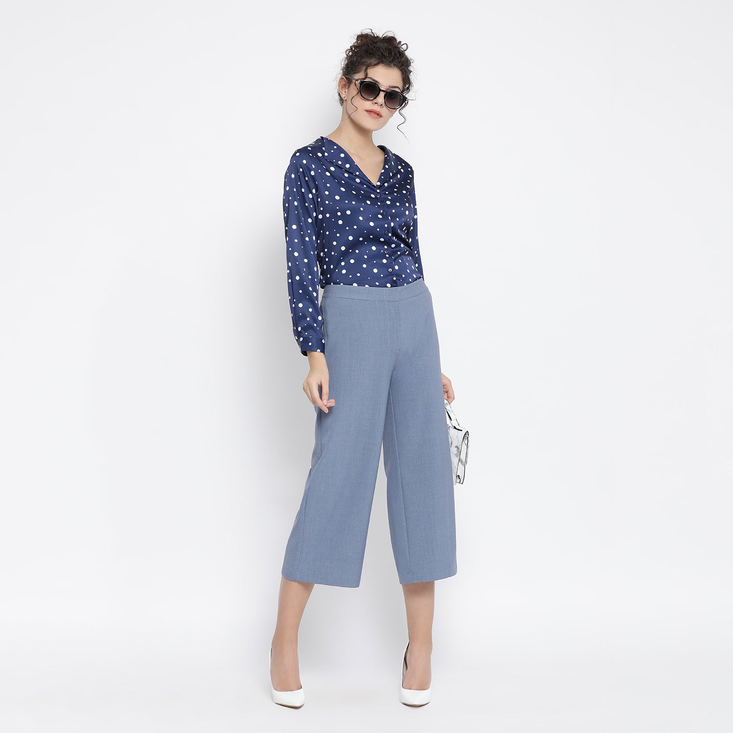 Blue White Silk Polka Top