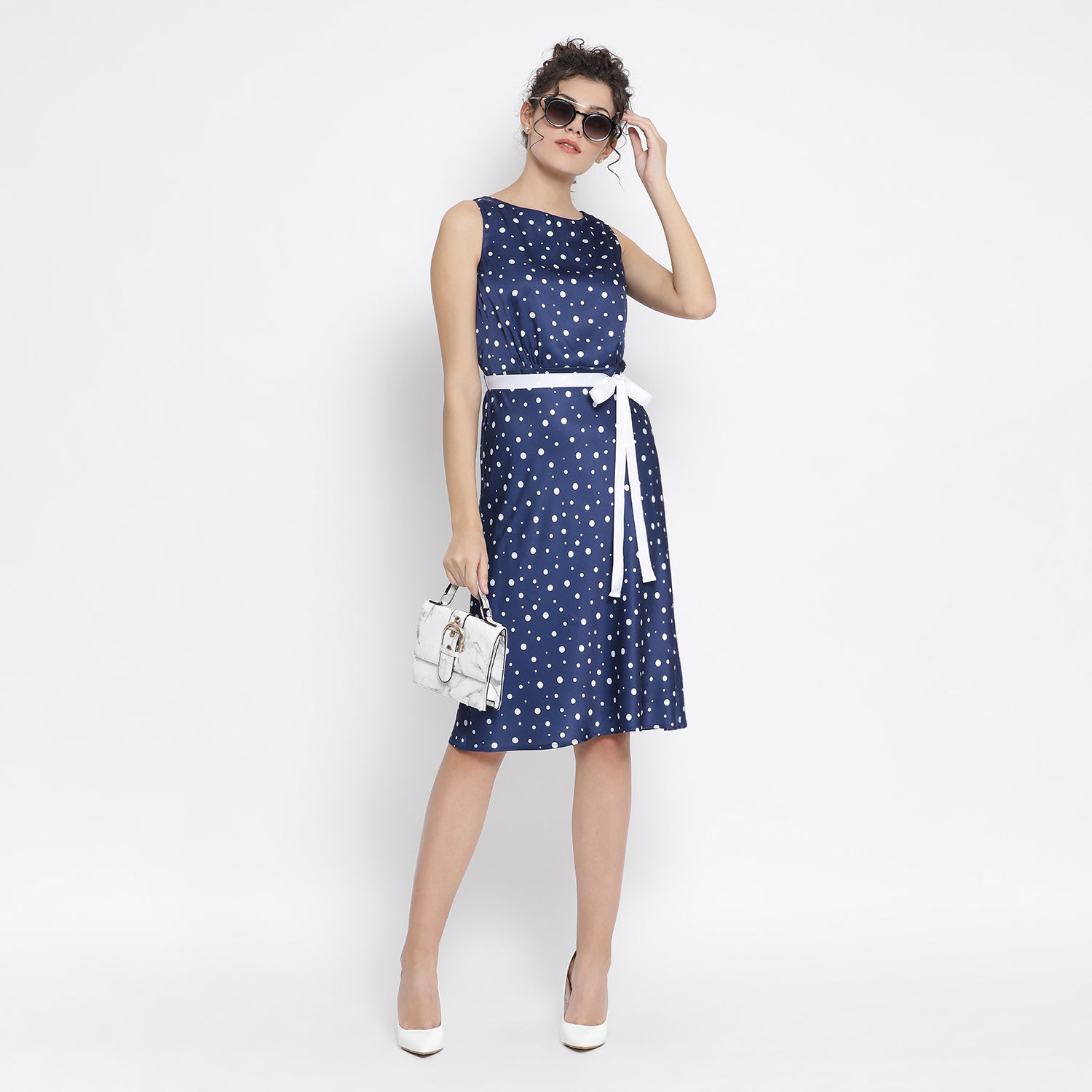 Blue White Silk Polka Sleeveless Dress With Tie Knot Belt