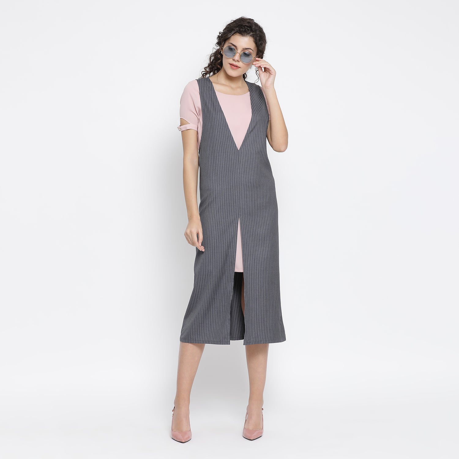 Grey Stripe Dress With Pink Georgette Tunic