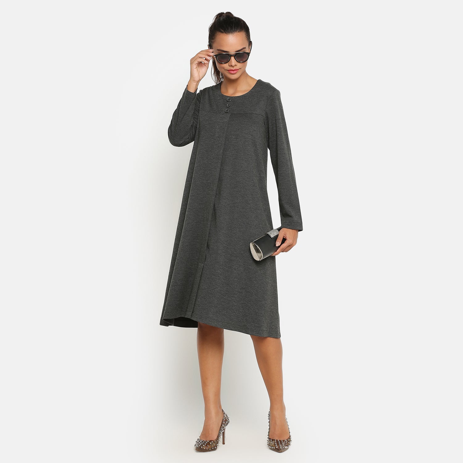 Dark Grey Knit Dress With Button