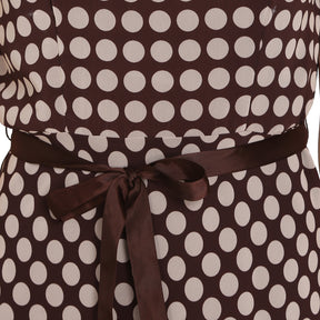 Brown polka dot sleeveless dress with brown belt