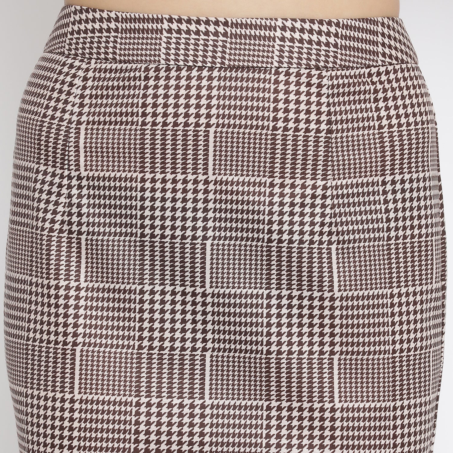 Brown Check Lycra Fish Cut Skirt