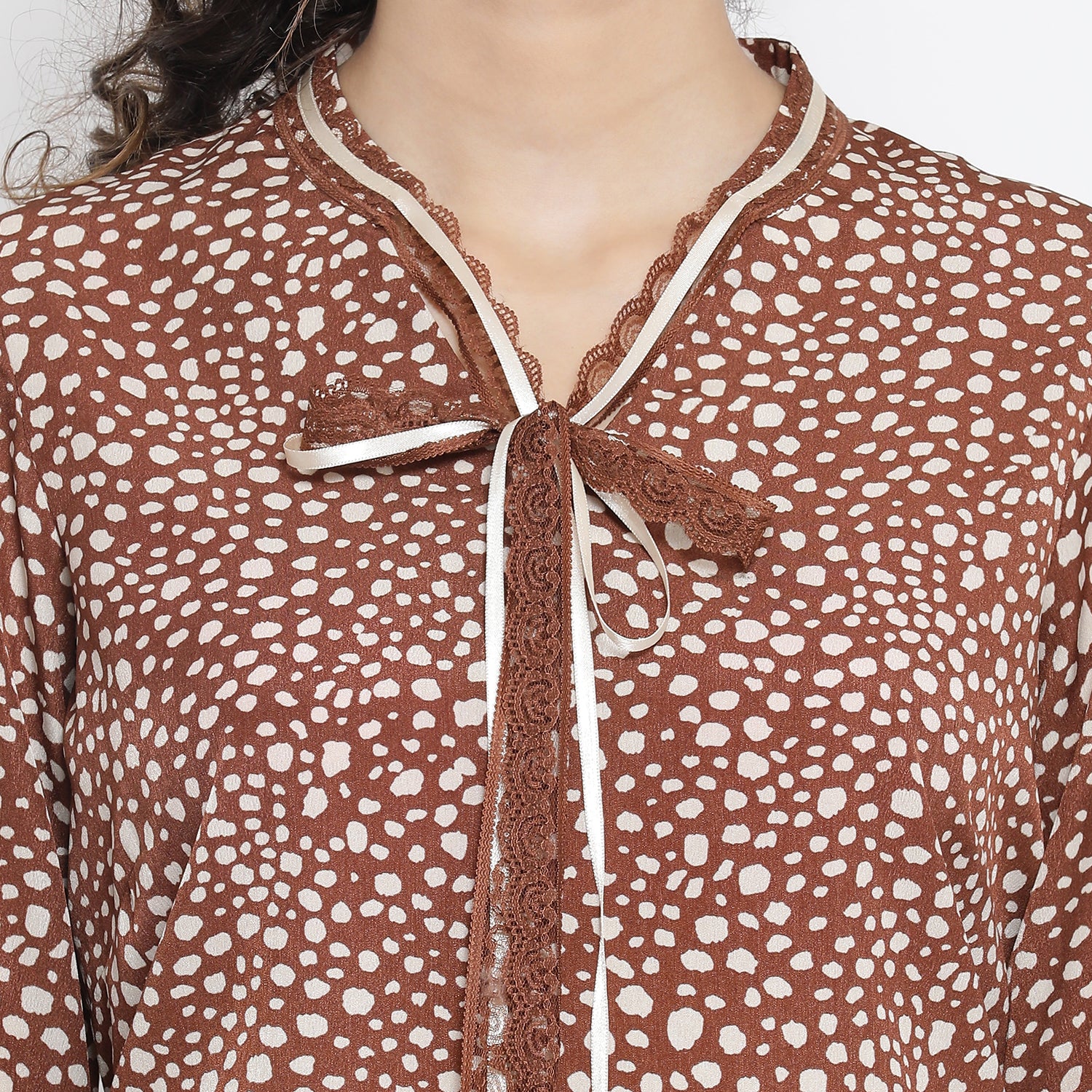 Brown Animal Printed Shirt With French Lace And Ribbon Tie Up