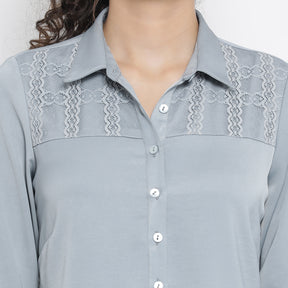 Blue Shirt With French Lace At Yoke And Sleeves