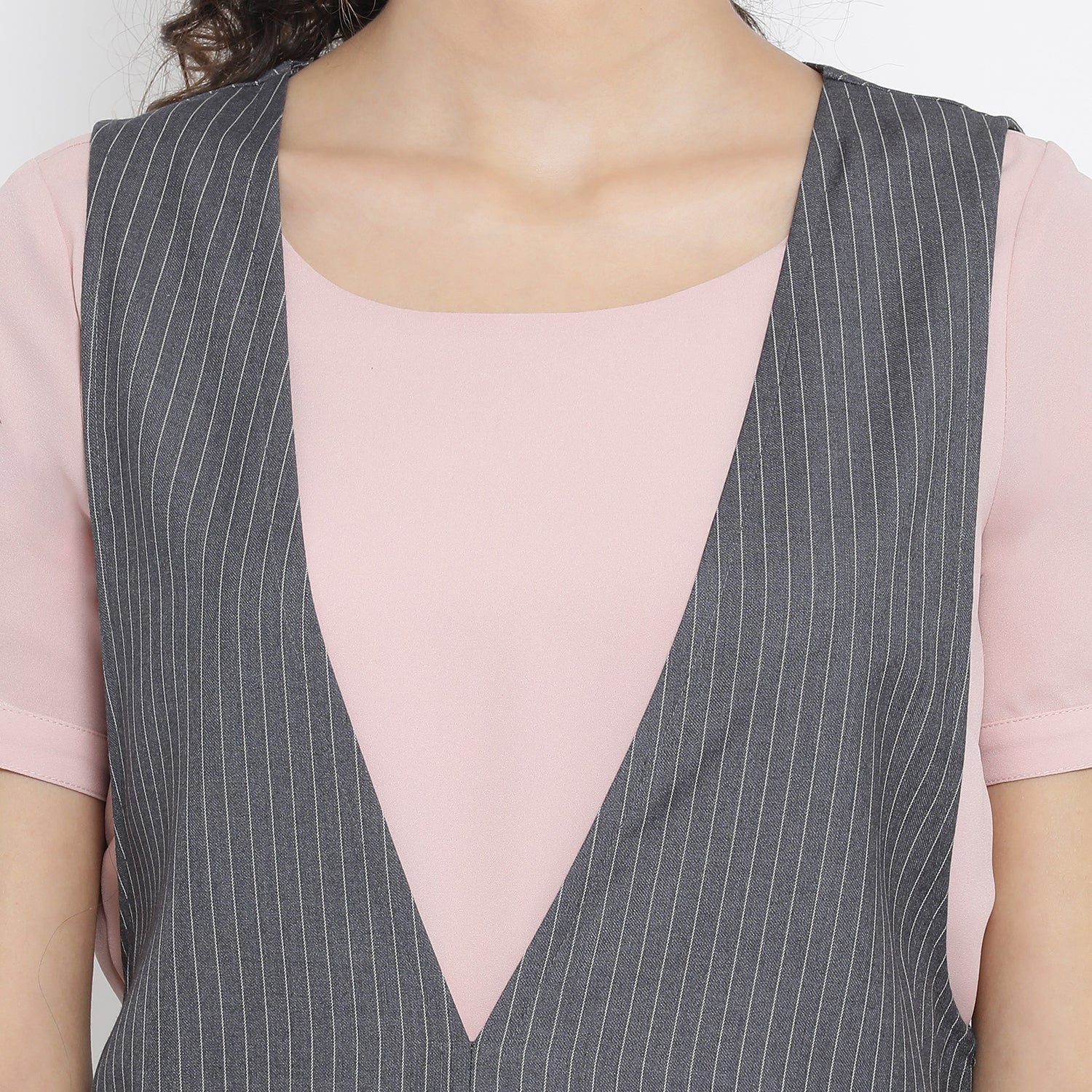 Grey Stripe Dress With Pink Georgette Tunic