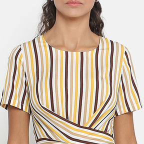 Yellow & Brown Stripe Dress With Front Tie Knot