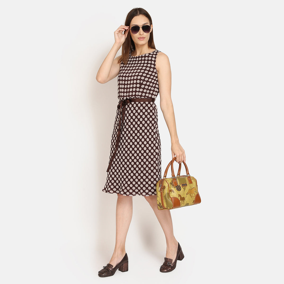 Brown polka dot sleeveless dress with brown belt