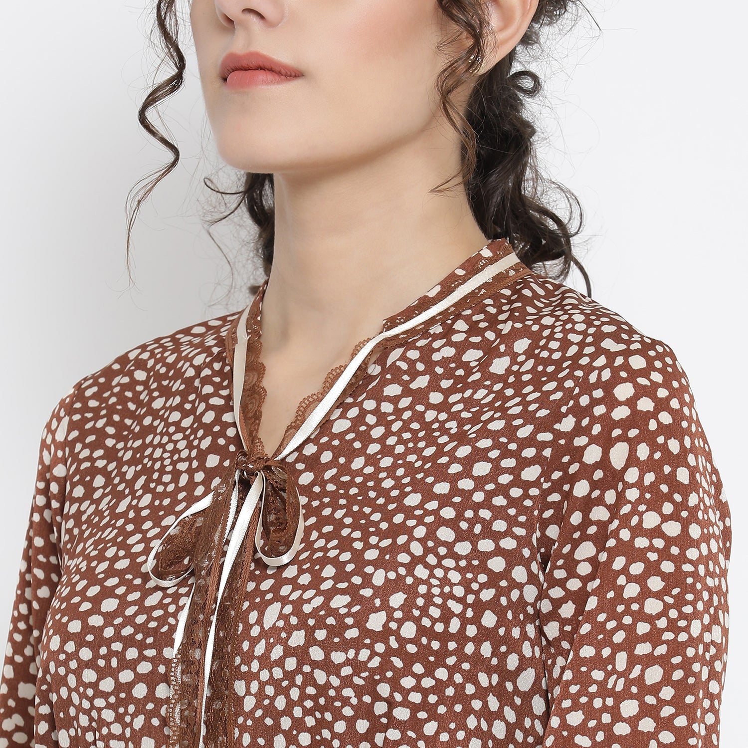 Brown Animal Print Bias Dress With French Lace And Ribbon Tie Up
