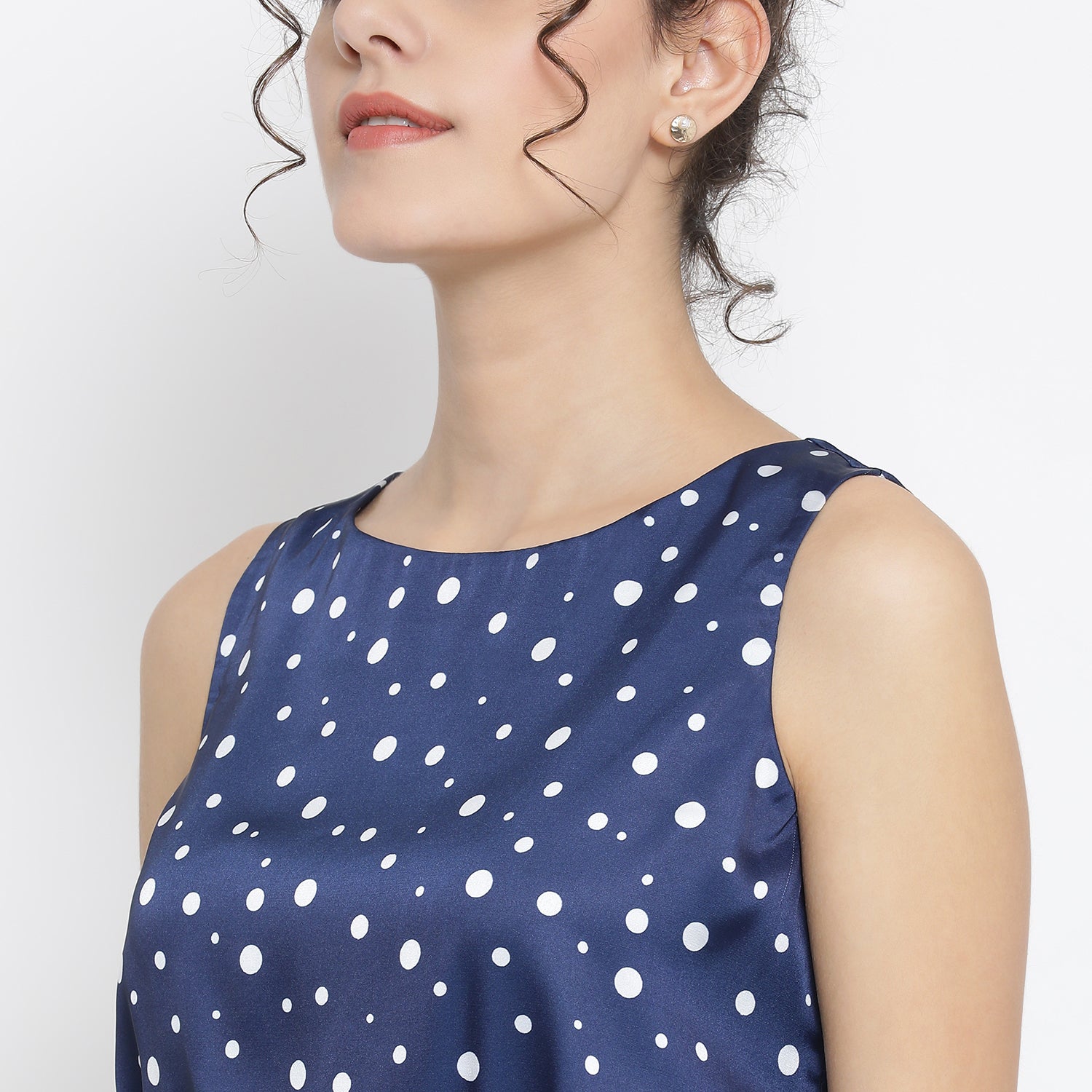 Blue White Silk Polka Sleeveless Dress With Tie Knot Belt