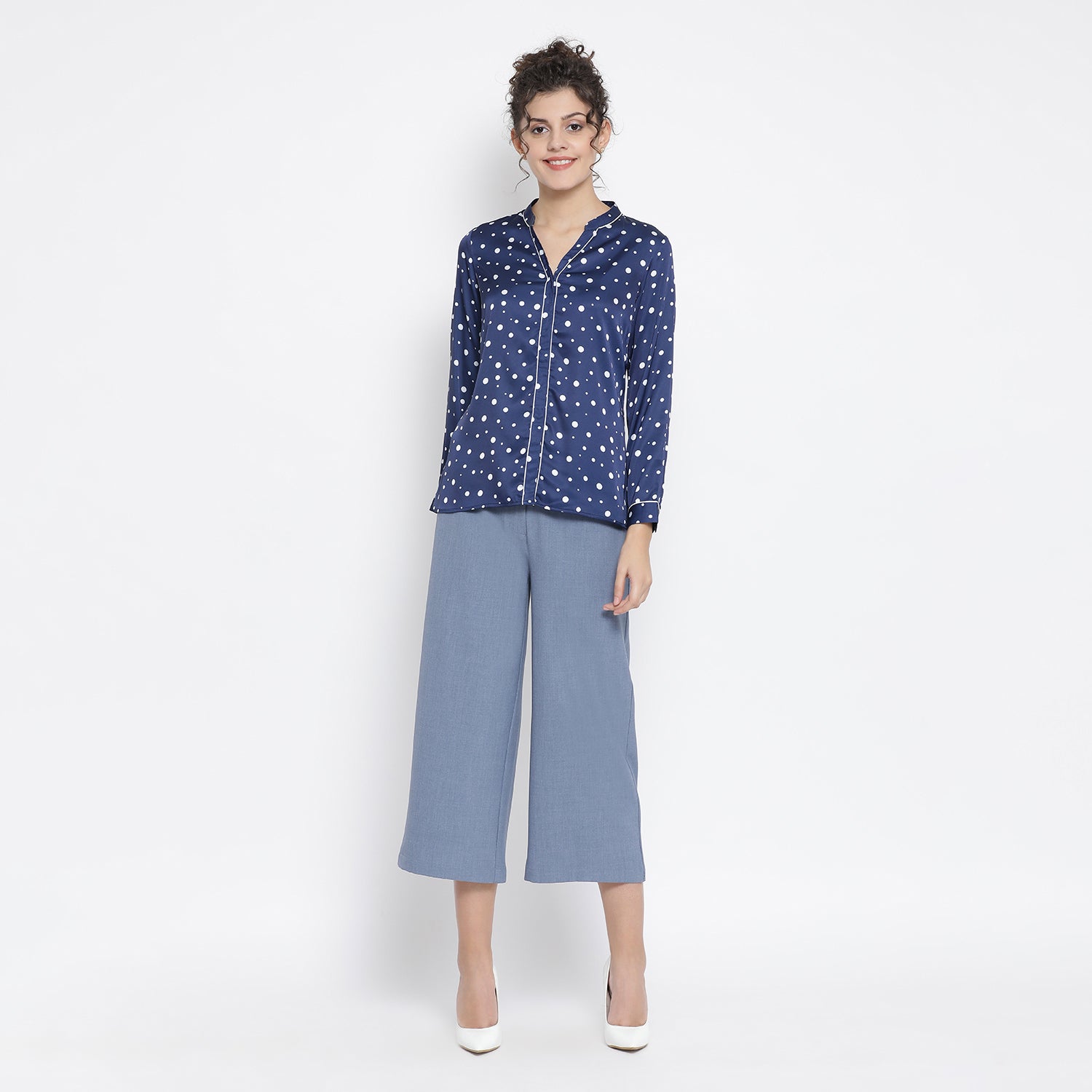Blue White Silk Polka Top With Contrast Piping