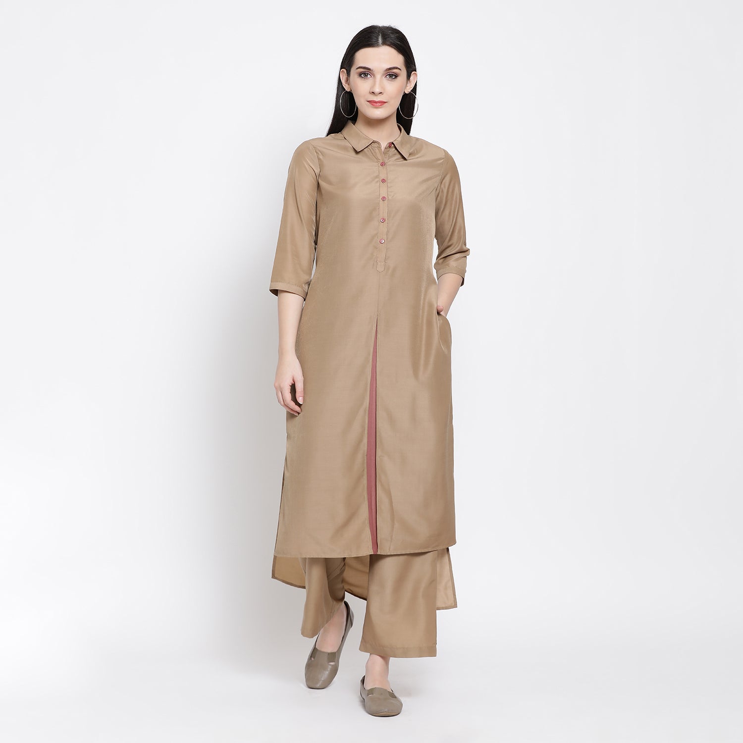 Buy Beige & Peach Double Layer Asymmetrical Long Dresses for Women Buy Beige & Peach Double Layer Asymmetrical Long Dresses for Women